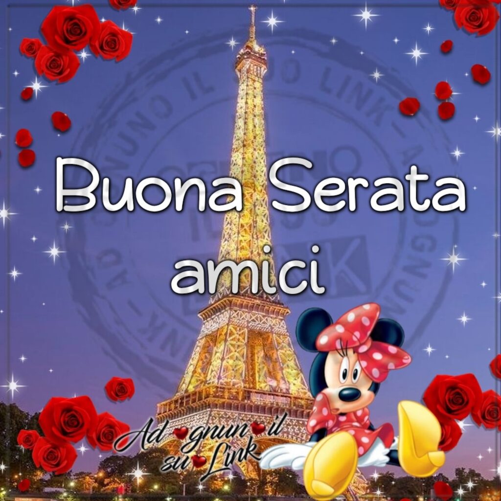 Minnie e la Torre Eiffel, rendono molto romantica questa nuova immagine di buona serata. Condividila subito su WhatsApp!