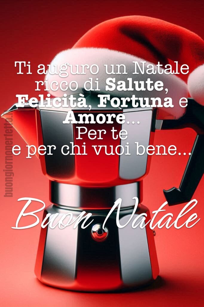 Gli auguri di Buon Natale con l'immagine di una moka per il caffè con un cappellino natalizio color rosso e bianco!